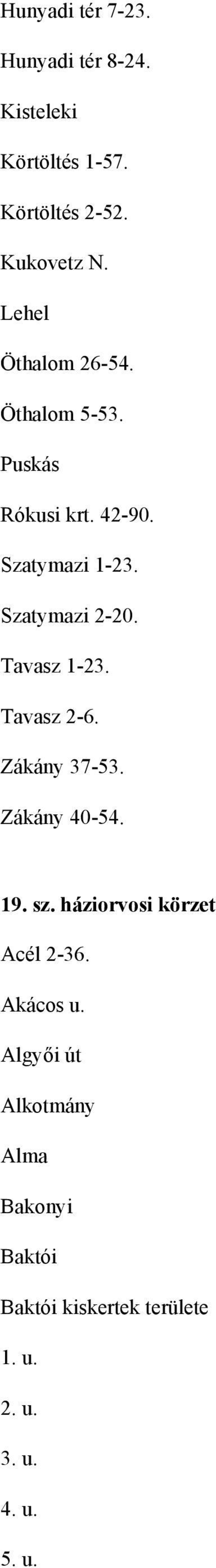 Tavasz 1-23. Tavasz 2-6. Zákány 37-53. Zákány 40-54. 19. sz. háziorvosi körzet Acél 2-36.