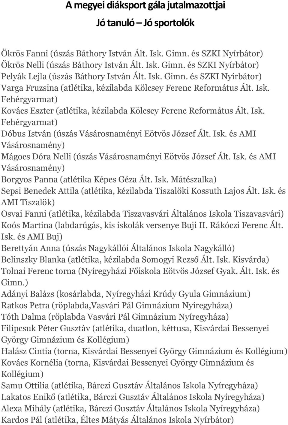 Isk. és AMI Vásárosnamény) Mágocs Dóra Nelli (úszás Vásárosnaményi Eötvös József Ált. Isk. és AMI Vásárosnamény) Borgyos Panna (atlétika Képes Géza Ált. Isk. Mátészalka) Sepsi Benedek Attila (atlétika, kézilabda Tiszalöki Kossuth Lajos Ált.