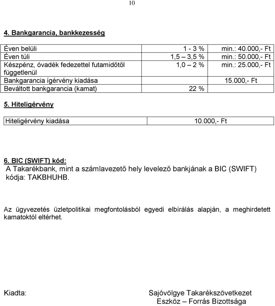 000,- Ft Beváltott bankgarancia (kamat) 22 % 5. Hiteligérvény Hiteligérvény kiadása 10.000,- Ft 6.