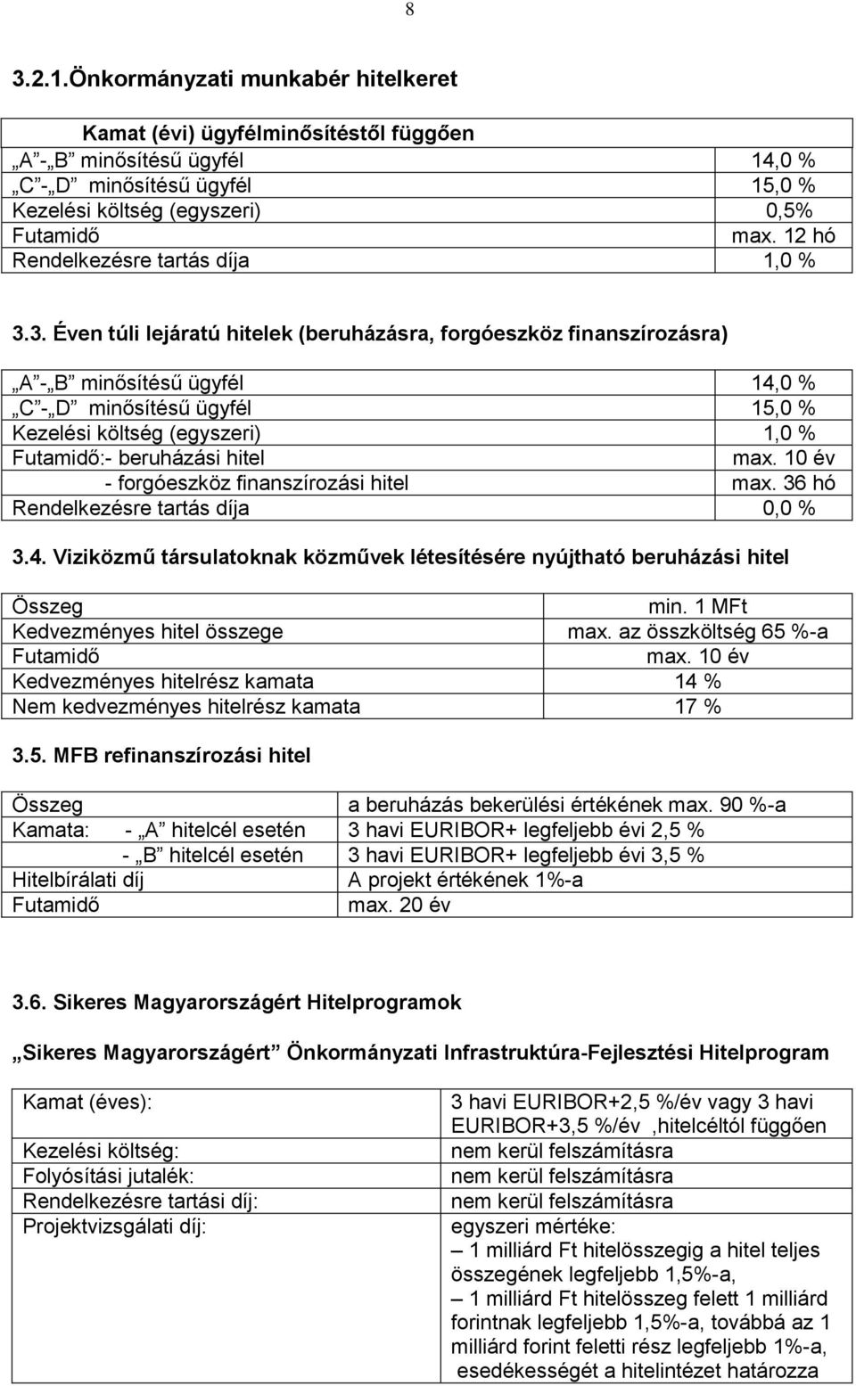 3. Éven túli lejáratú hitelek (beruházásra, forgóeszköz finanszírozásra) A - B minősítésű ügyfél 14,0 % C - D minősítésű ügyfél 15,0 % Kezelési költség (egyszeri) 1,0 % Futamidő:- beruházási hitel