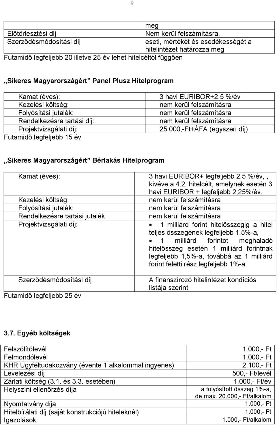 Kamat (éves): Kezelési költség: Folyósítási jutalék: Rendelkezésre tartási díj: Projektvizsgálati díj: Futamidő legfeljebb 15 év 3 havi EURIBOR+2,5 %/év 25.