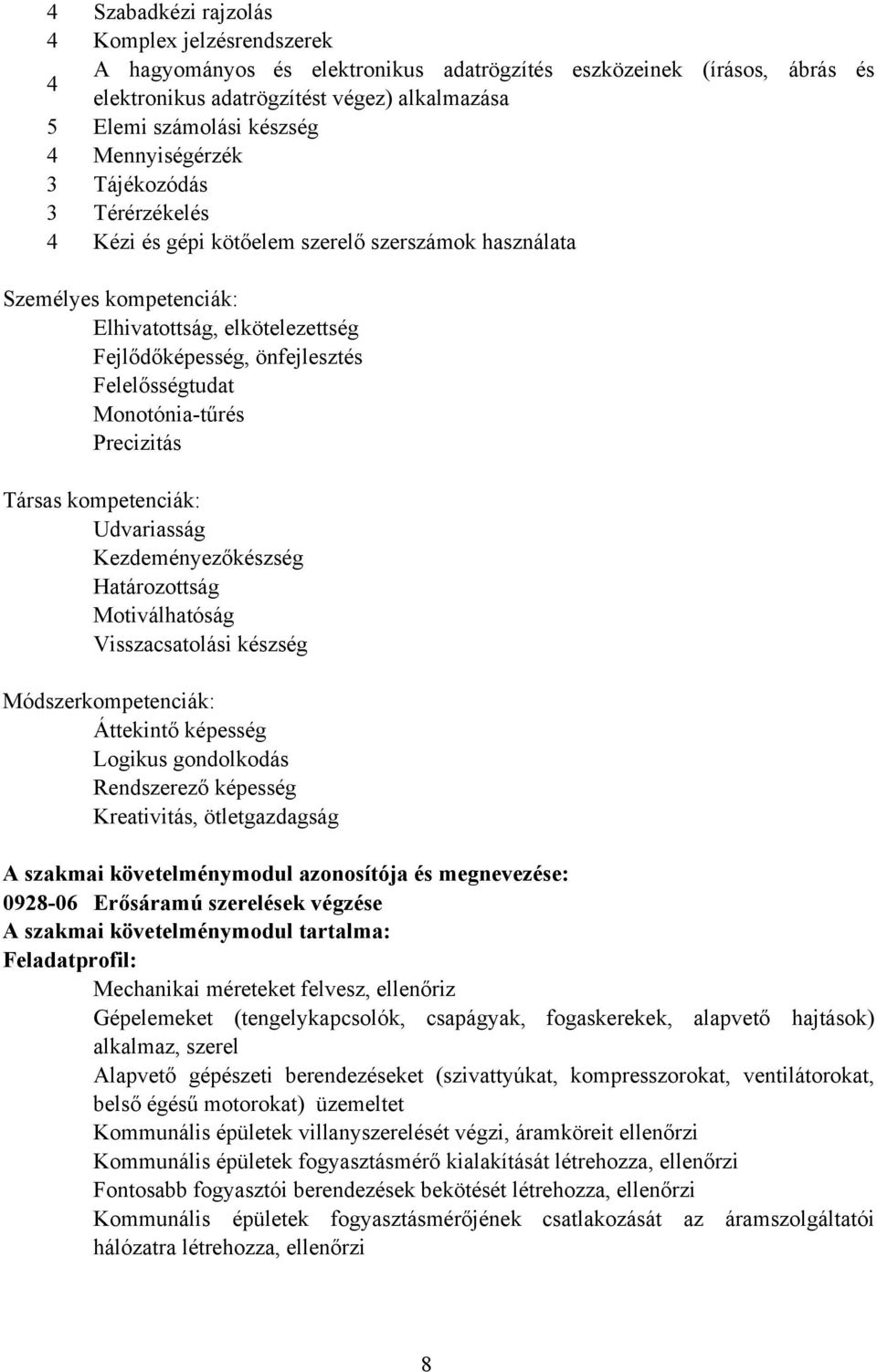 Monotónia-tűrés Precizitás Társas kompetenciák: Udvariasság Kezdeményezőkészség Határozottság Motiválhatóság Visszacsatolási készség Módszerkompetenciák: Áttekintő képesség Logikus gondolkodás