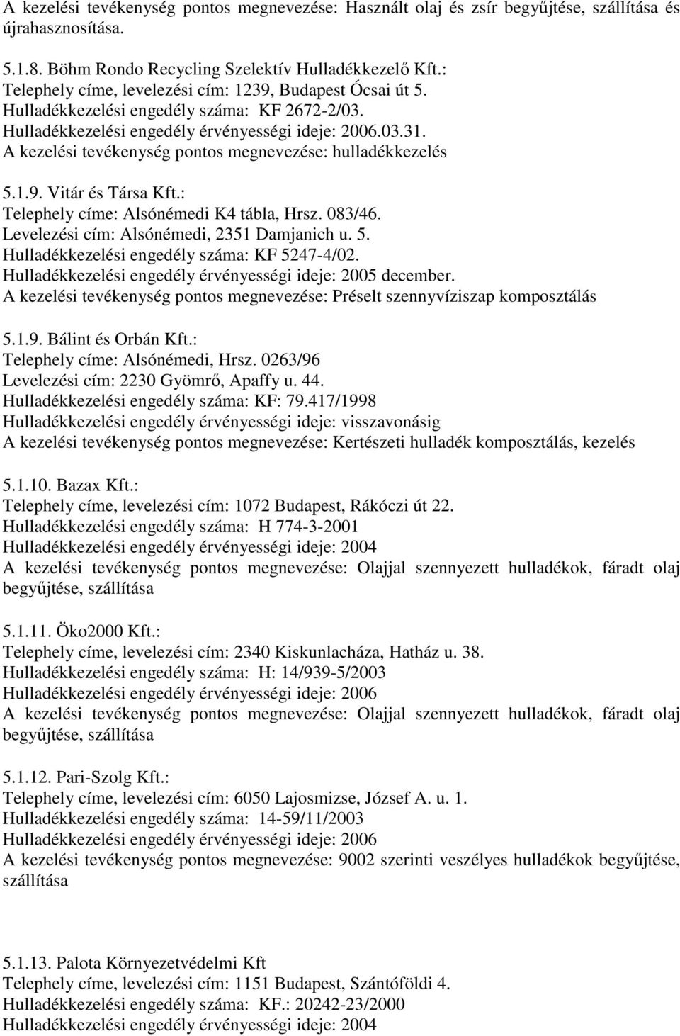 A kezelési tevékenység pontos megnevezése: hulladékkezelés 5.1.9. Vitár és Társa Kft.: Telephely címe: Alsónémedi K4 tábla, Hrsz. 083/46. Levelezési cím: Alsónémedi, 2351 Damjanich u. 5. Hulladékkezelési engedély száma: KF 5247-4/02.