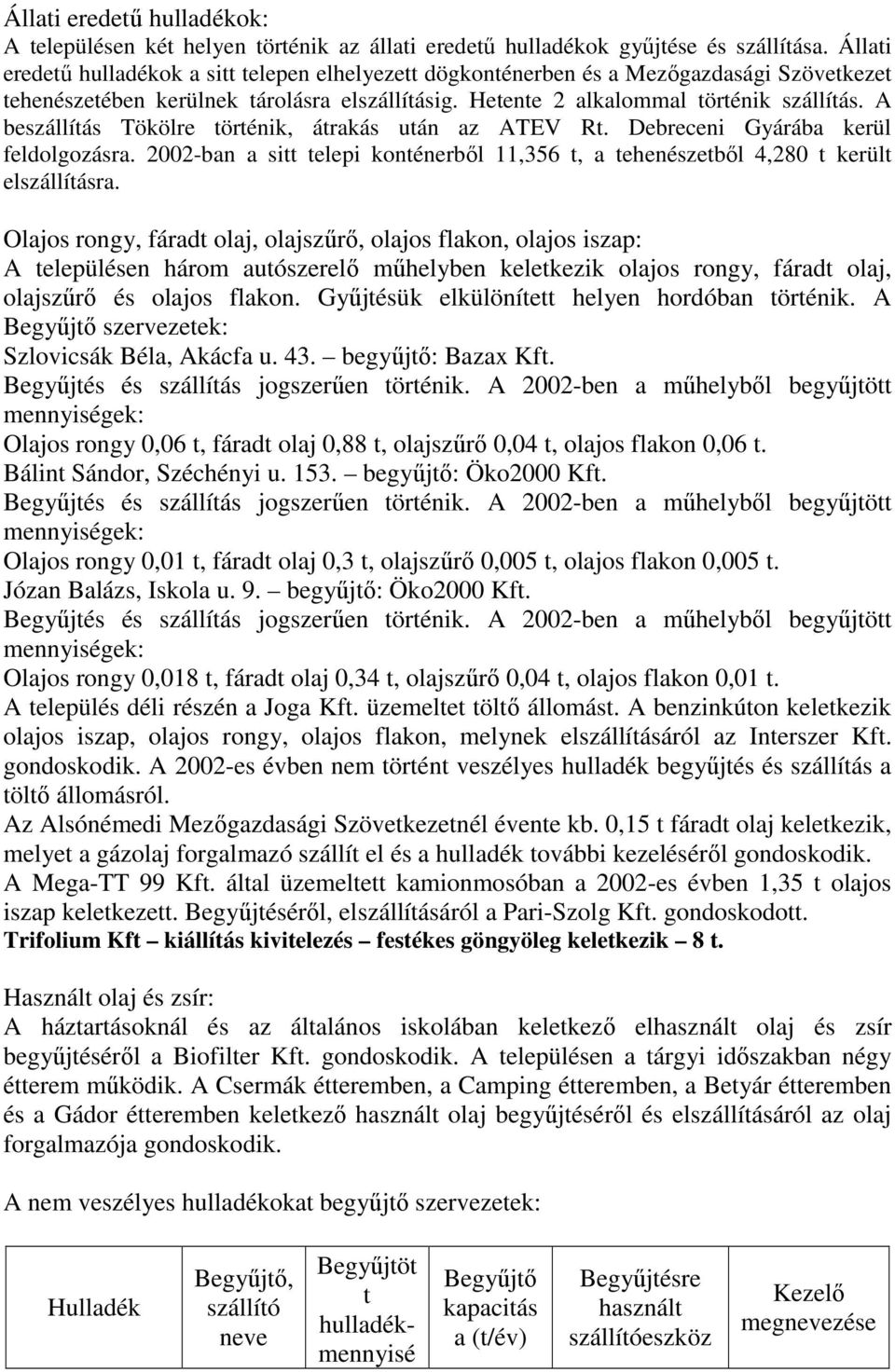 A beszállítás Tökölre történik, átrakás után az ATEV Rt. Debreceni Gyárába kerül feldolgozásra. 2002-ban a sitt telepi konténerbıl 11,356 t, a tehenészetbıl 4,280 t került elszállításra.