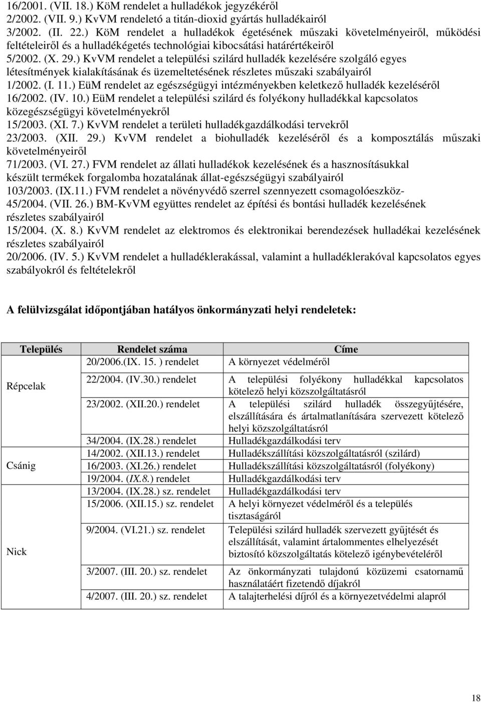 ) KvVM rendelet a települési szilárd hulladék kezelésére szolgáló egyes létesítmények kialakításának és üzemeltetésének részletes műszaki szabályairól 1/2002. (I. 11.