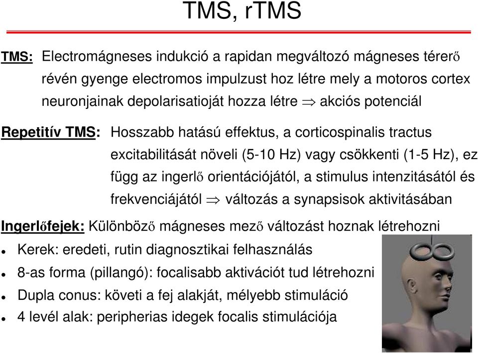 orientációjától, a stimulus intenzitásától és frekvenciájától változás a synapsisok aktivitásában Ingerlőfejek: Különböző mágneses mező változást hoznak létrehozni Kerek: eredeti,