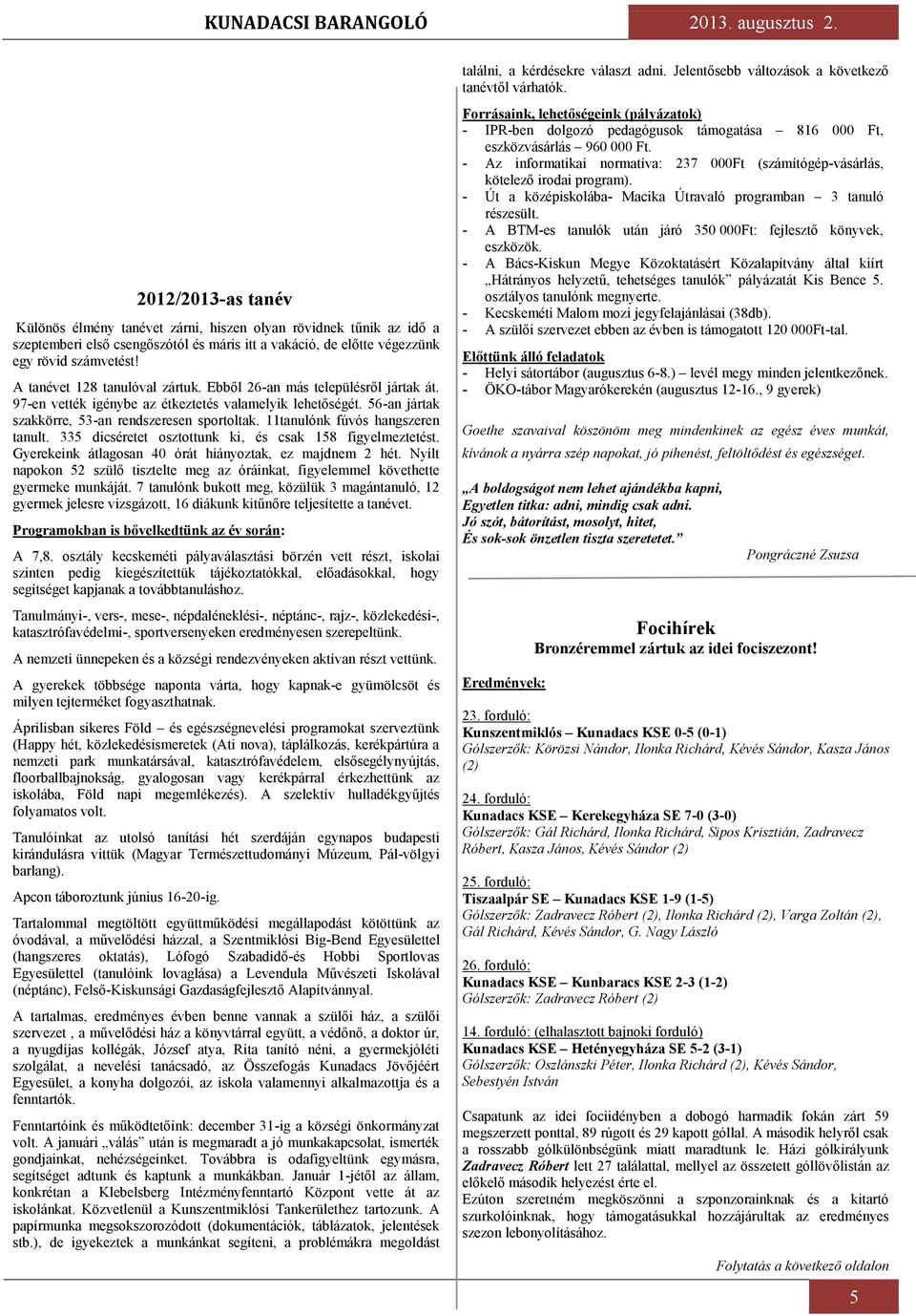 A tanévet 128 tanulóval zártuk. Ebből 26-an más településről jártak át. 97-en vették igénybe az étkeztetés valamelyik lehetőségét. 56-an jártak szakkörre, 53-an rendszeresen sportoltak.