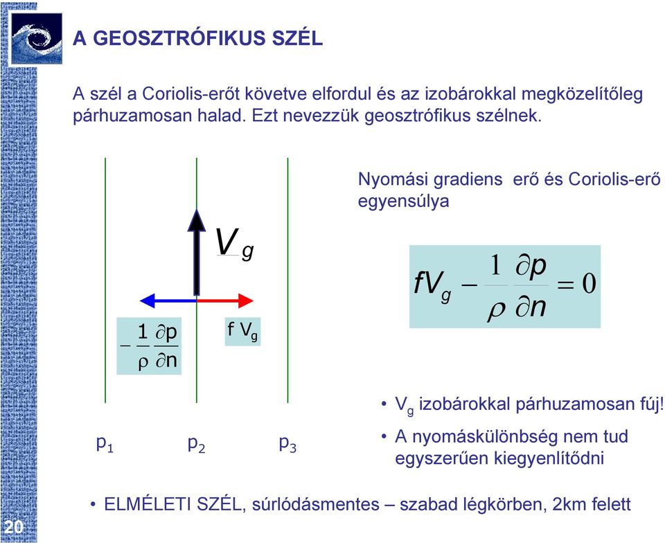 Nyomási gradiens erő és Coriolis-erő egyensúlya 1 ρ p n V g f V g fv g 1 p ρ n = 0 p 1 p 2 p 3 V