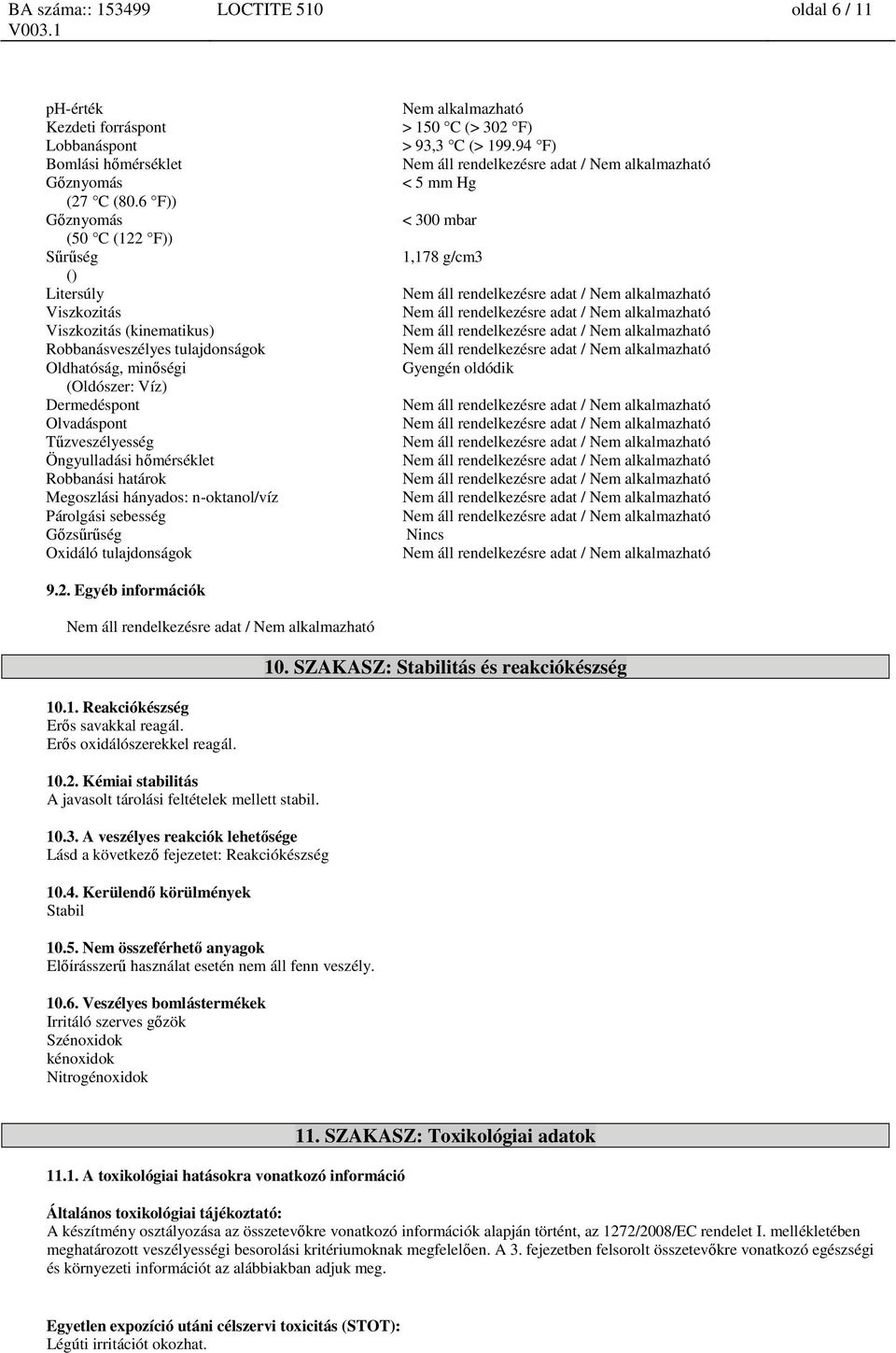 Öngyulladási hőmérséklet Robbanási határok Megoszlási hányados: n-oktanol/víz Párolgási sebesség Gőzsűrűség Oxidáló tulajdonságok Nem alkalmazható > 150 C (> 302 F) > 93,3 C (> 199.