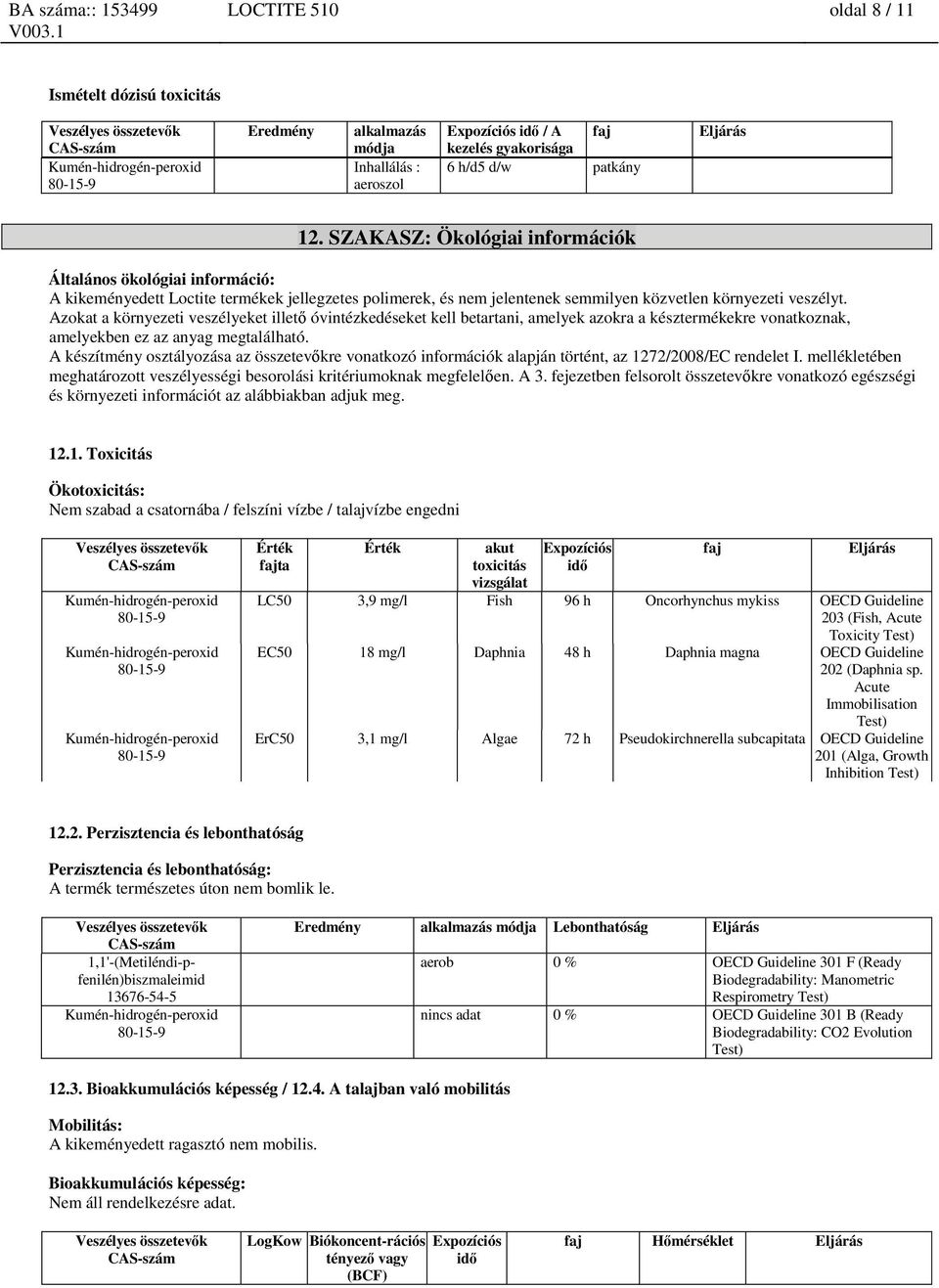 Azokat a környezeti veszélyeket illető óvintézkedéseket kell betartani, amelyek azokra a késztermékekre vonatkoznak, amelyekben ez az anyag megtalálható.