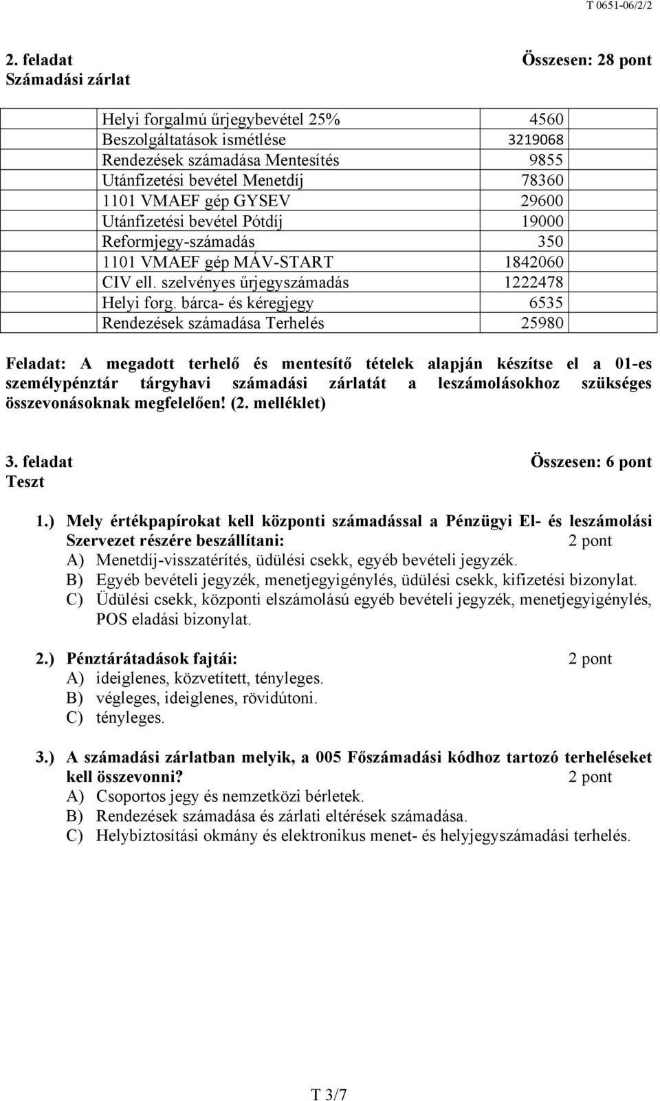 bárca- és kéregjegy 6535 Rendezések számadása Terhelés 25980 Feladat: A megadott terhelő és mentesítő tételek alapján készítse el a 01-es személypénztár tárgyhavi számadási zárlatát a leszámolásokhoz