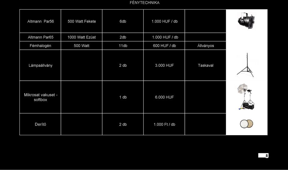 000 HUF / db Fémhalogén 500 Watt 1 600 HUF / db Állványos