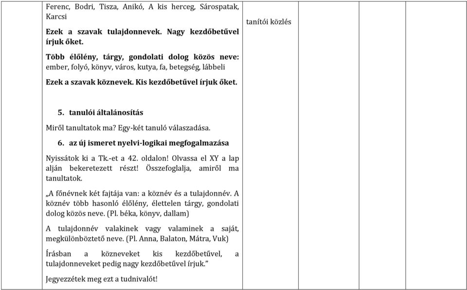 tanulói általánosítás Miről tanultatok ma? Egy-két tanuló válaszadása. 6. az új ismeret nyelvi-logikai megfogalmazása Nyissátok ki a Tk.-et a 42. oldalon! Olvassa el XY a lap alján bekeretezett részt!