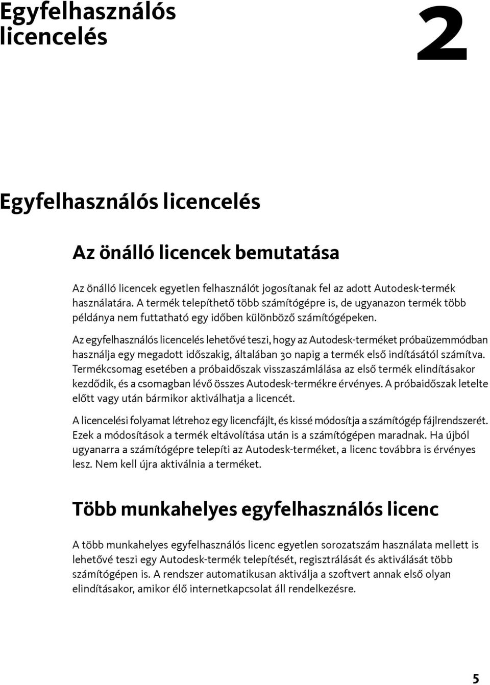 Az egyfelhasználós licencelés lehetővé teszi, hogy az Autodesk-terméket próbaüzemmódban használja egy megadott időszakig, általában 30 napig a termék első indításától számítva.