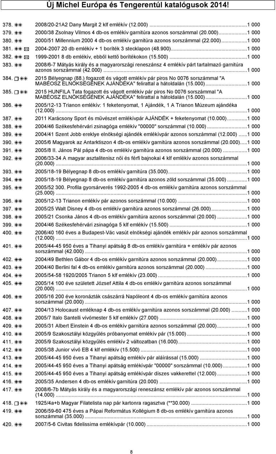 1999-2001 8 db emlékív, ebből kettő borítékokon (15.500)...1 000 383. 2008/6-7 Mátyás király és a magyarországi reneszánsz 4 emlékív párt tartalmazó garnitúra azonos sorszámmal (42.000)...1 000 384.