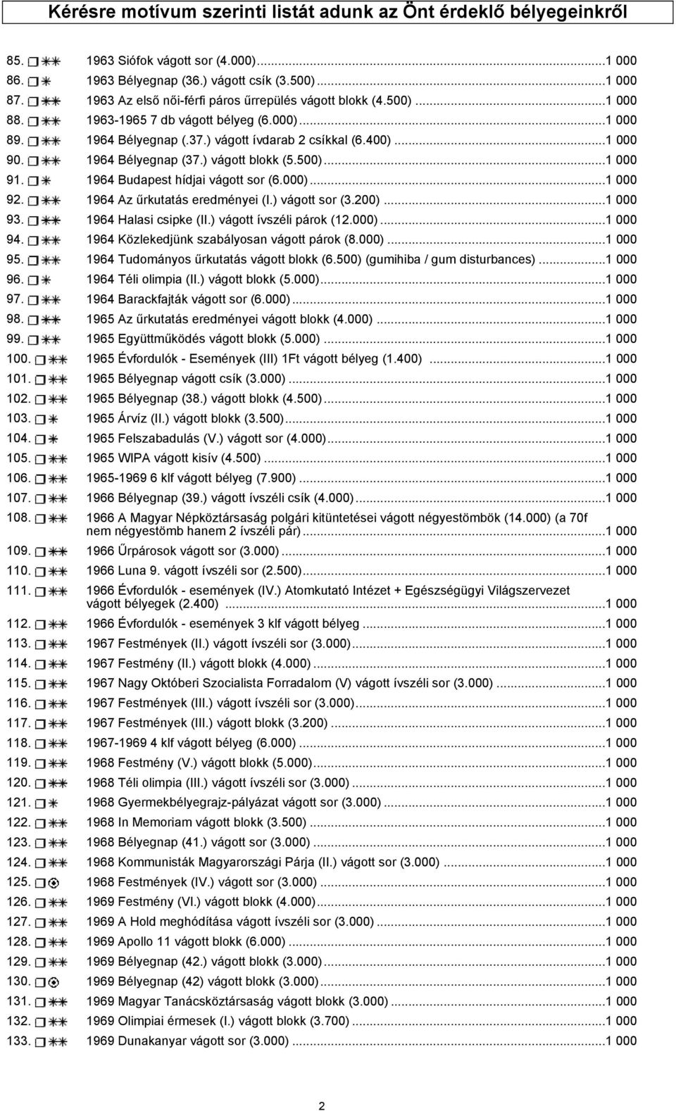 1964 Bélyegnap (37.) vágott blokk (5.500)...1 000 91. 1964 Budapest hídjai vágott sor (6.000)...1 000 92. 1964 Az űrkutatás eredményei (I.) vágott sor (3.200)...1 000 93. 1964 Halasi csipke (II.