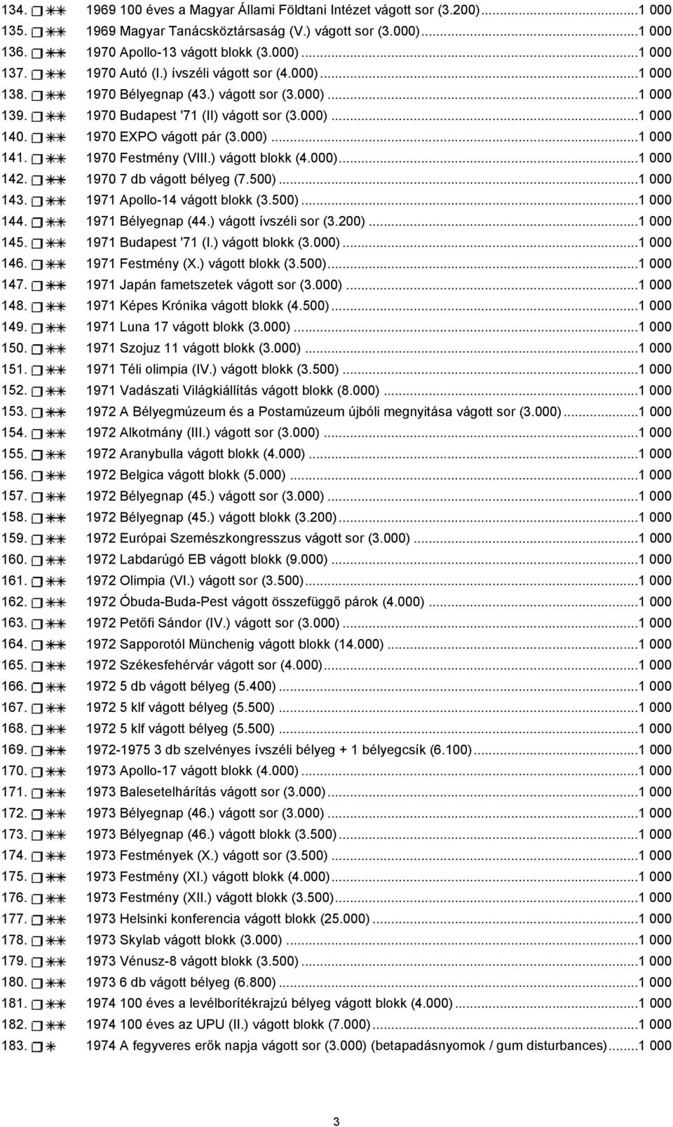 1970 Festmény (VIII.) vágott blokk (4.000)...1 000 142. 1970 7 db vágott bélyeg (7.500)...1 000 143. 1971 Apollo-14 vágott blokk (3.500)...1 000 144. 1971 Bélyegnap (44.) vágott ívszéli sor (3.200).