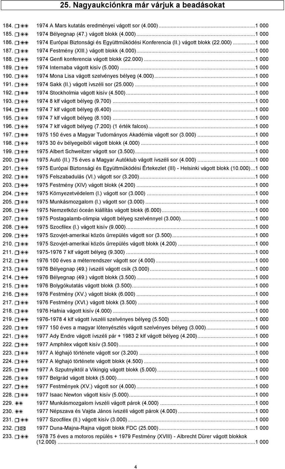 1974 Internaba vágott kisív (5.000)...1 000 190. 1974 Mona Lisa vágott szelvényes bélyeg (4.000)...1 000 191. 1974 Sakk (II.) vágott ívszéli sor (25.000)...1 000 192. 1974 Stockholmia vágott kisív (4.