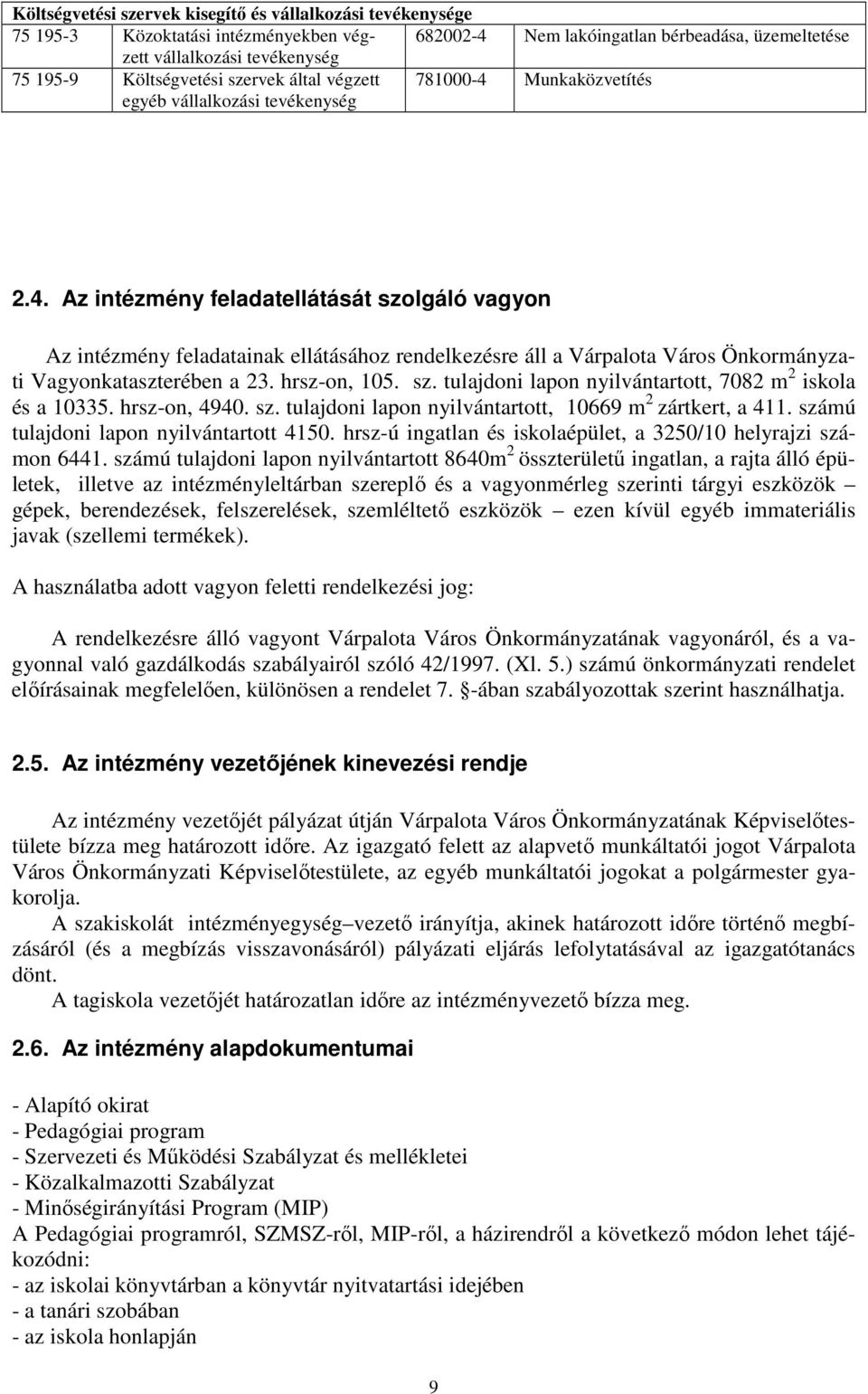 Munkaközvetítés 2.4. Az intézmény feladatellátását szolgáló vagyon Az intézmény feladatainak ellátásához rendelkezésre áll a Várpalota Város Önkormányzati Vagyonkataszterében a 23. hrsz-on, 105. sz. tulajdoni lapon nyilvántartott, 7082 m 2 iskola és a 10335.