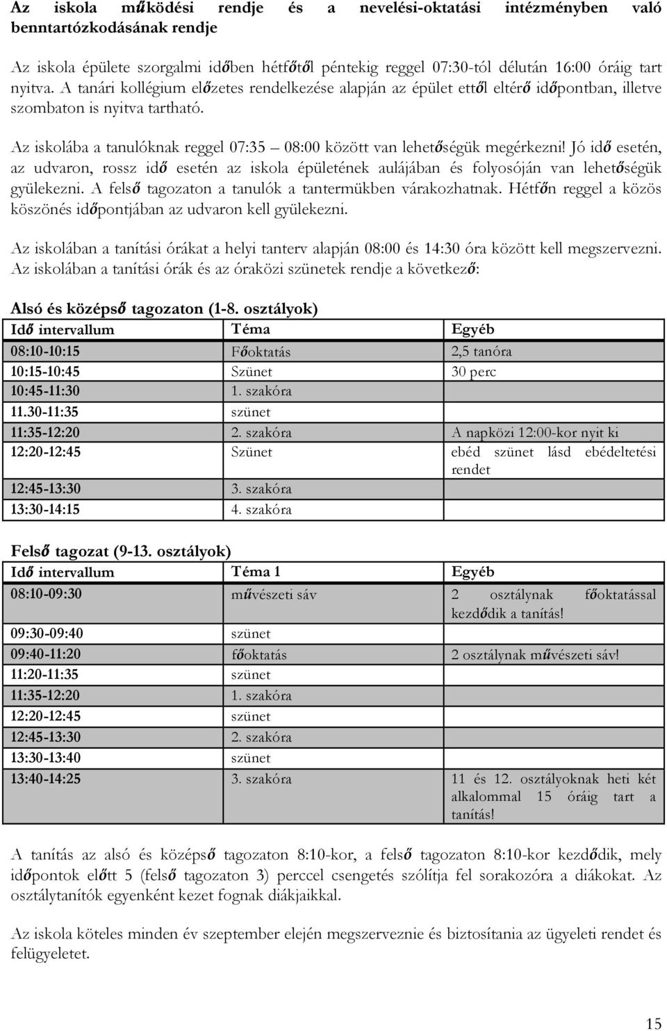 Jó idő esetén, az udvaron, rossz idő esetén az iskola épületének aulájában és folyosóján van lehetőségük gyülekezni. A felső tagozaton a tanulók a tantermükben várakozhatnak.