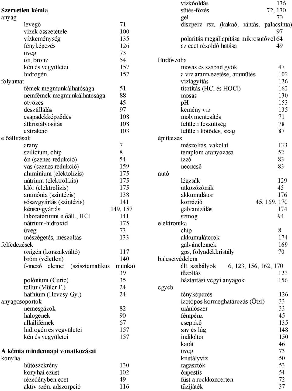 alumínium (elektolízis) 175 nátrium (elektrolízis) 175 klór (elektrolízis) 175 ammónia (szintézis) 138 sósavgyártás (szintézis) 141 kénsavgyártás 149, 157 laboratóriumi előáll.