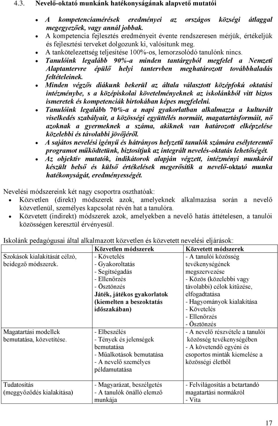 Tanulóink legalább 90%-a minden tantárgyból megfelel a Nemzeti Alaptantervre épülő helyi tantervben meghatározott továbbhaladás feltételeinek.