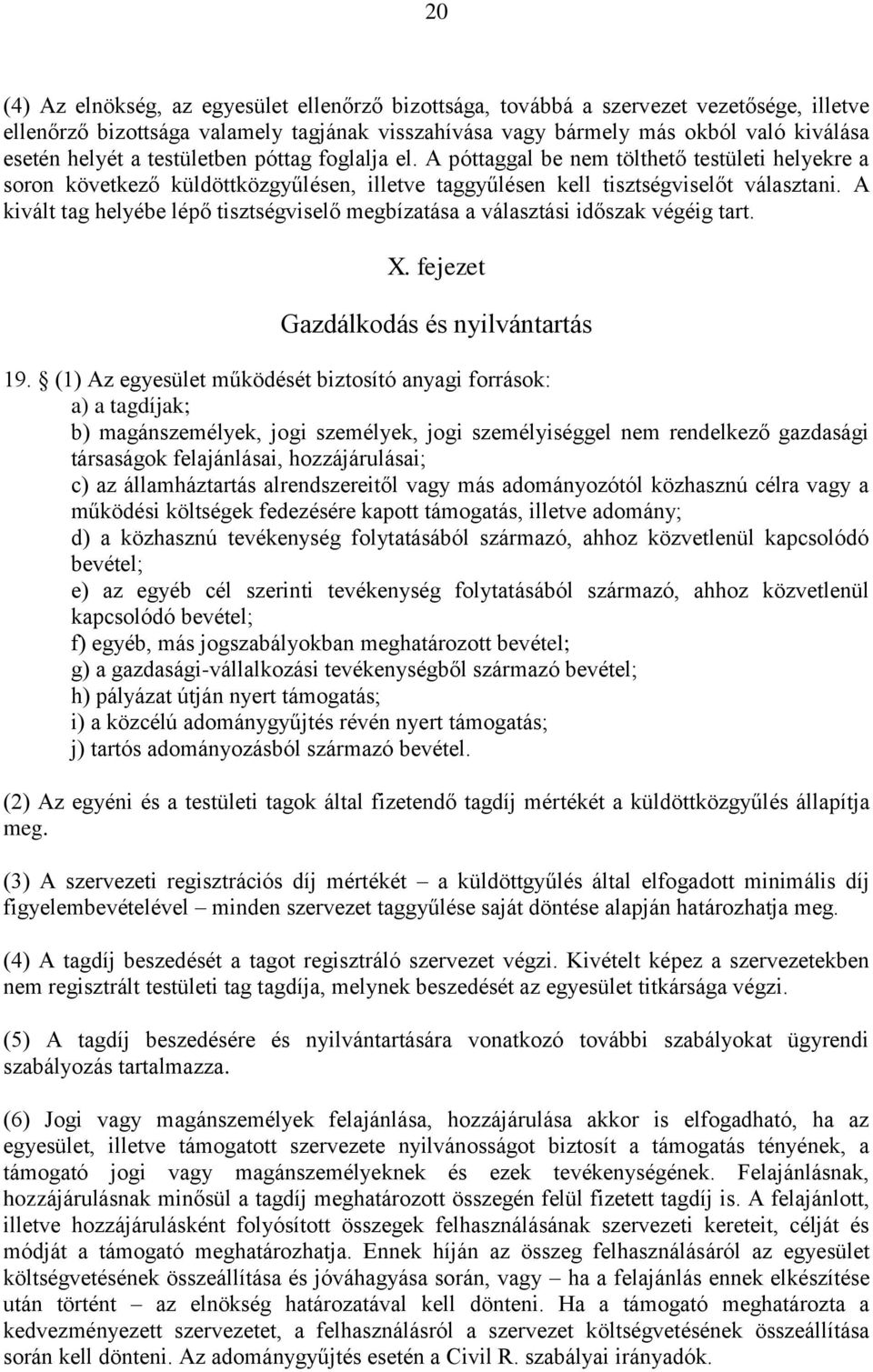 A kivált tag helyébe lépő tisztségviselő megbízatása a választási időszak végéig tart. X. fejezet Gazdálkodás és nyilvántartás 19.