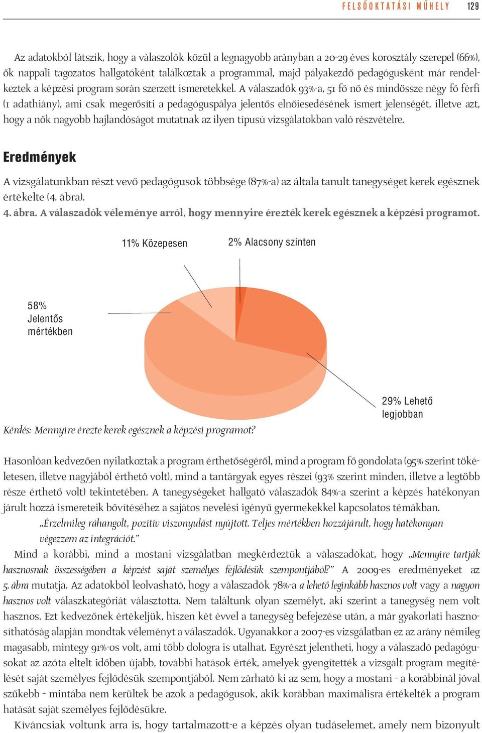 A válaszadók 93%-a, 51 fő nő és mindössze négy fő férfi (1 adathiány), ami csak megerősíti a pedagóguspálya jelentős elnőiesedésének ismert jelenségét, illetve azt, hogy a nők nagyobb hajlandóságot