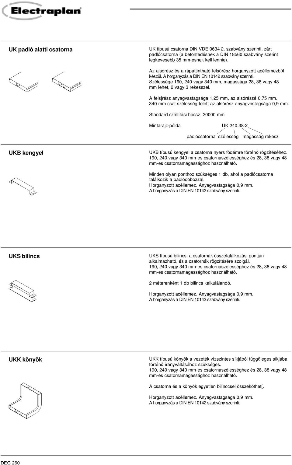 Szélessége 190, 240 vagy 340 mm, magassága 28, 38 vagy 48 mm lehet, 2 vagy 3 rekesszel. A fels[rész anyagvastagsága 1,25 mm, az alsórészé 0,75 mm. 340 mm csat.