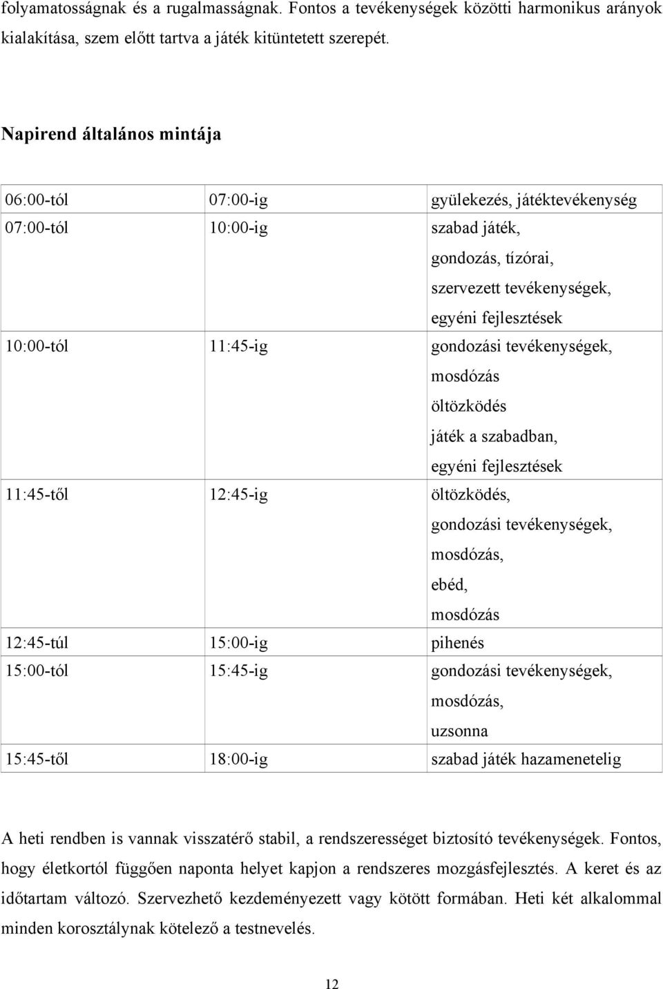 gondozási tevékenységek, mosdózás öltözködés játék a szabadban, egyéni fejlesztések 11:45-től 12:45-ig öltözködés, gondozási tevékenységek, mosdózás, ebéd, mosdózás 12:45-túl 15:00-ig pihenés