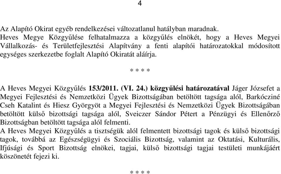 Alapító Okiratát aláírja. * * * * A Heves Megyei Közgyűlés 153/2011. (VI. 24.