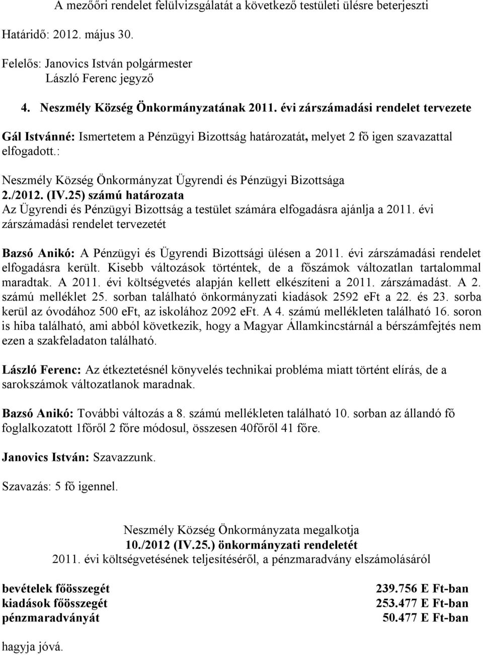 : Neszmély Község Önkormányzat Ügyrendi és Pénzügyi Bizottsága 2./2012. (IV.25) számú határozata Az Ügyrendi és Pénzügyi Bizottság a testület számára elfogadásra ajánlja a 2011.