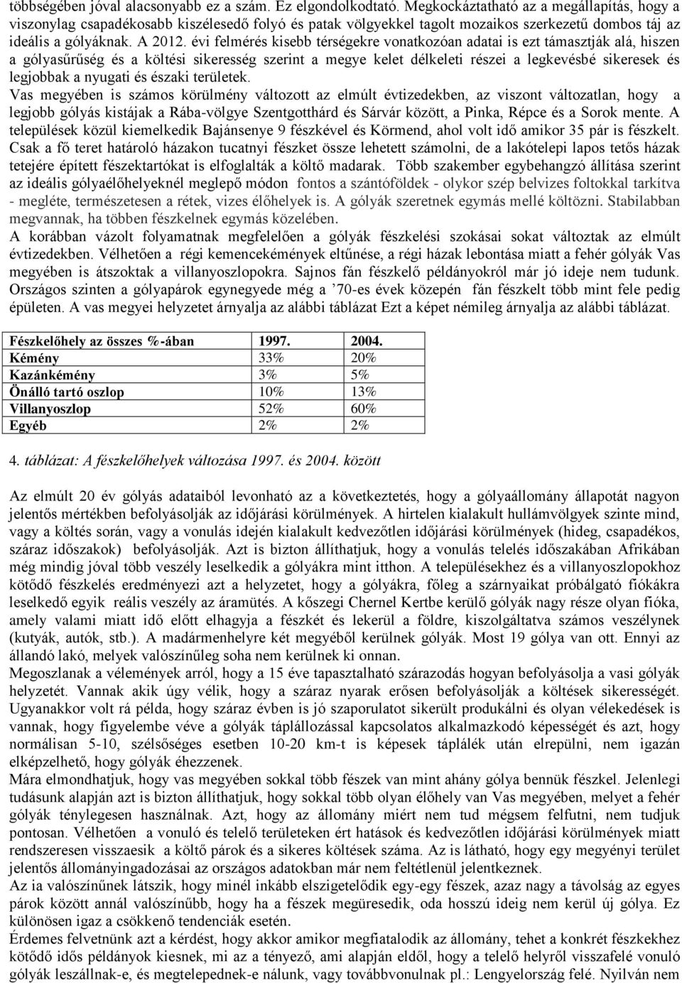 évi felmérés kisebb térségekre vonatkozóan adatai is ezt támasztják alá, hiszen a gólyasűrűség és a költési sikeresség szerint a megye kelet délkeleti részei a legkevésbé sikeresek és legjobbak a