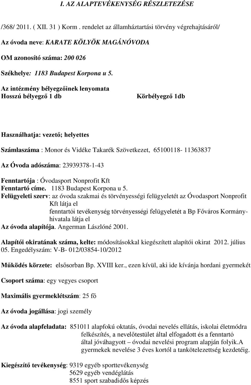 Az intézmény bélyegzőinek lenyomata Hosszú bélyegző 1 db Körbélyegző 1db Használhatja: vezető; helyettes Számlaszáma : Monor és Vidéke Takarék Szövetkezet, 65100118-11363837 Az Óvoda adószáma: