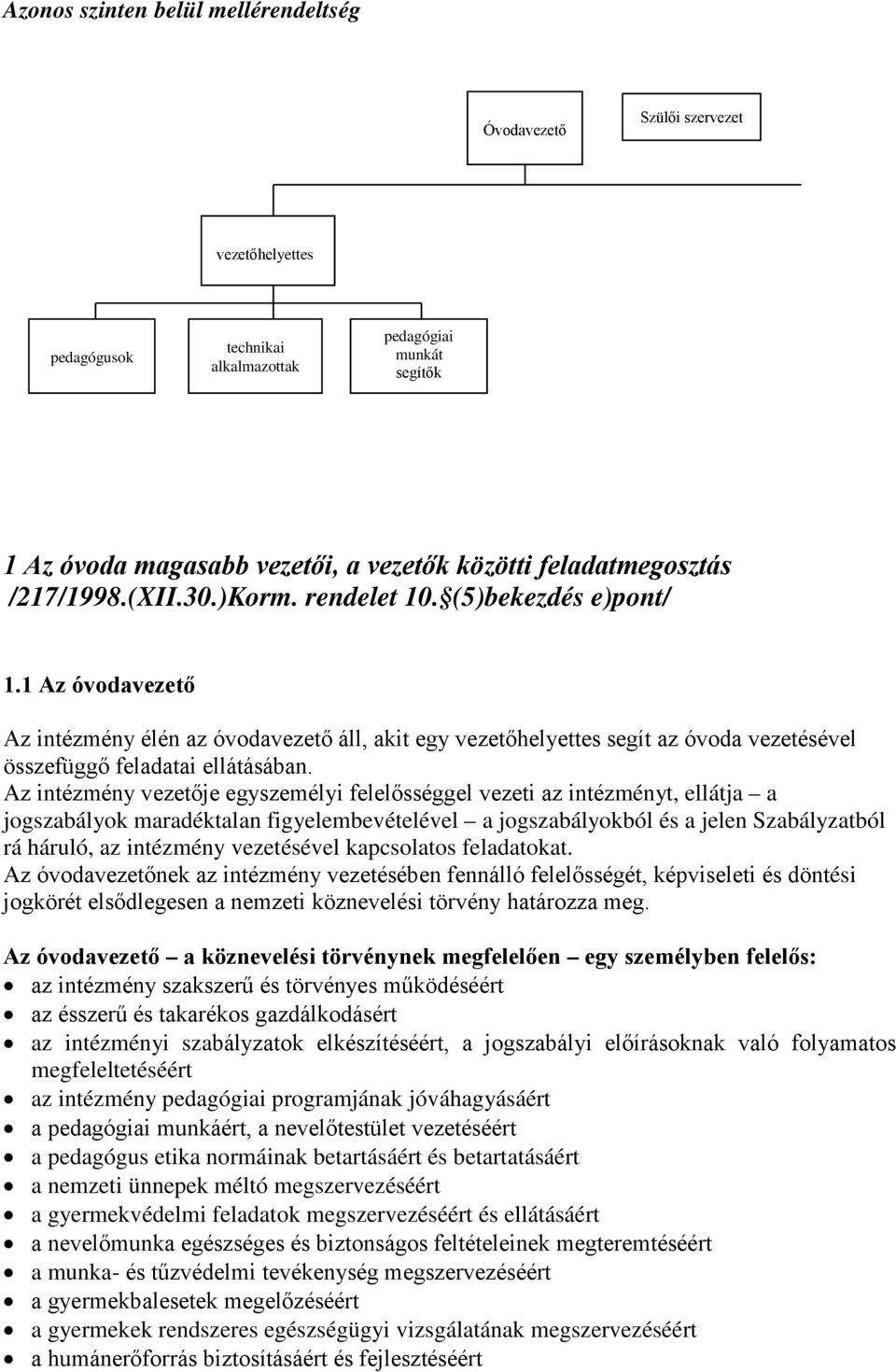 1 Az óvodavezető Az intézmény élén az óvodavezető áll, akit egy vezetőhelyettes segít az óvoda vezetésével összefüggő feladatai ellátásában.