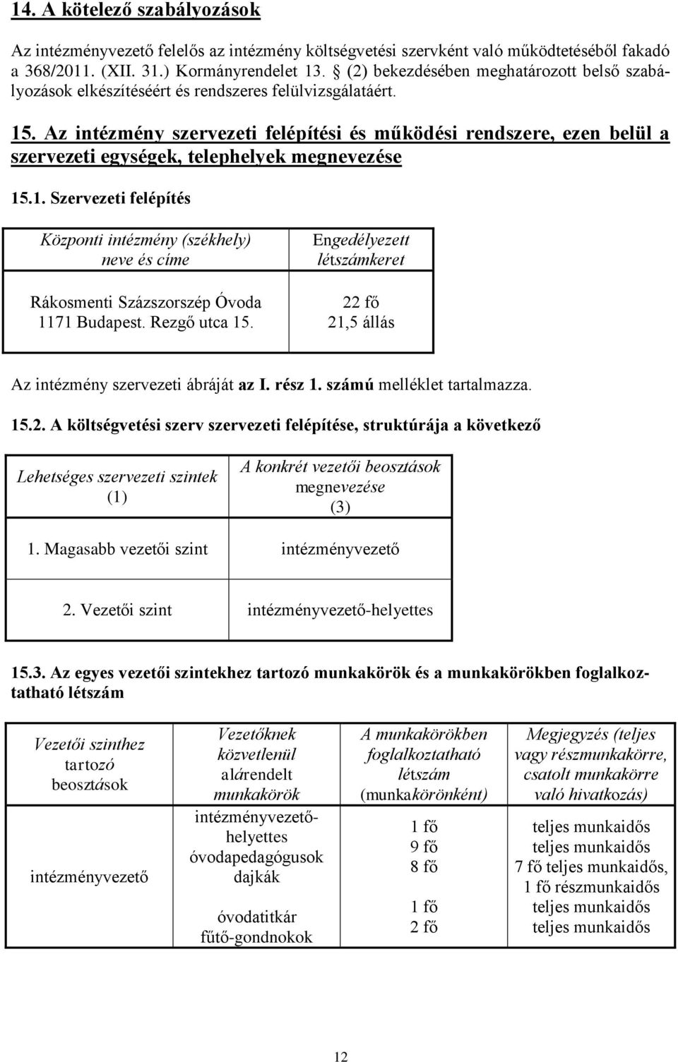 Az intézmény szervezeti felépítési és működési rendszere, ezen belül a szervezeti egységek, telephelyek megnevezése 15