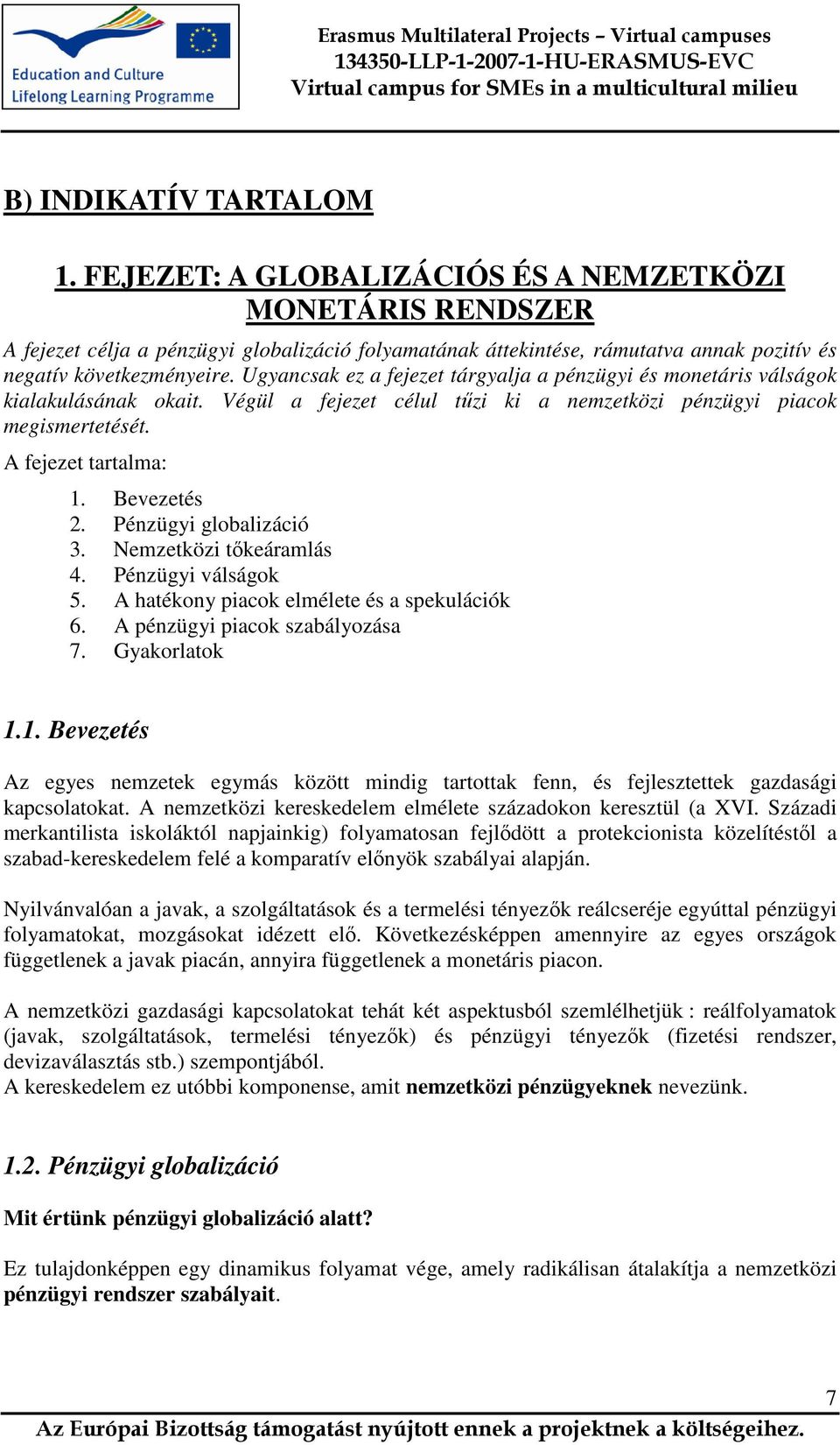 Ugyancsak ez a fejezet tárgyalja a pénzügyi és monetáris válságok kialakulásának okait. Végül a fejezet célul tőzi ki a nemzetközi pénzügyi piacok megismertetését. A fejezet tartalma: 1. Bevezetés 2.