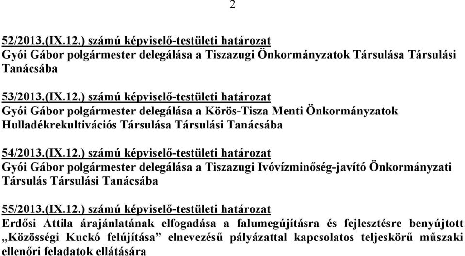 ) számú képviselő-testületi határozat delegálása a Tiszazugi Ivóvízminőség-javító Önkormányzati Társulás Társulási Tanácsába 55/2013.