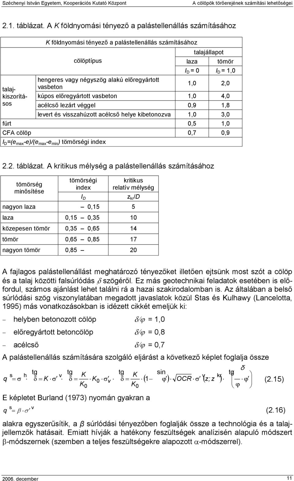 talajállapot tömör I D = 0 I D = 1,0 1,0 2,0 kúpos elıregyártott vasbeton 1,0 4,0 acélcsı lezárt véggel 0,9 1,8 levert és visszahúzott acélcsı helye kibetonozva 1,0 3,0 fúrt 0,5 1,0 CFA cölöp 0,7 0,9