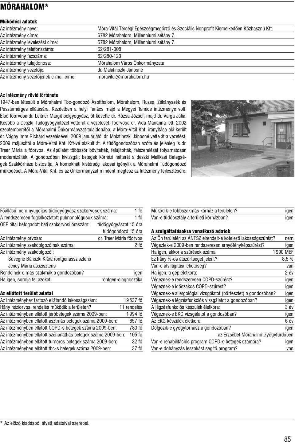 Malatinszki Jánosné Az intézmény vezetõjének e-mail címe: moravital@morahalom.hu 1947-ben létesült a Mórahalmi Tbc-gondozó Ásotthalom, Mórahalom, Ruzsa, Zákányszék és Pusztamérges ellátására.
