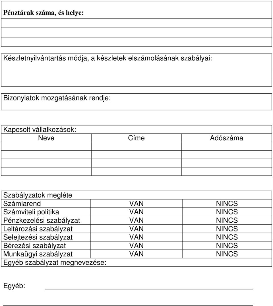 Számviteli politika VAN NINCS Pénzkezelési szabályzat VAN NINCS Leltározási szabályzat VAN NINCS Selejtezési