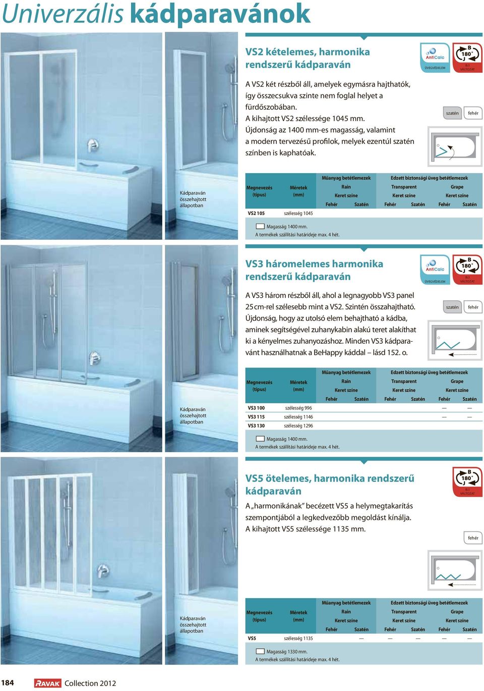 Kádparaván összehajtott állapotban Megnevezés Méretek Edzett biztonsági üveg betétlemezek VS2 105 szélesség 1045 40 700 50 500 44 000 54 200 49 400 59 500 Magasság 1400 mm.