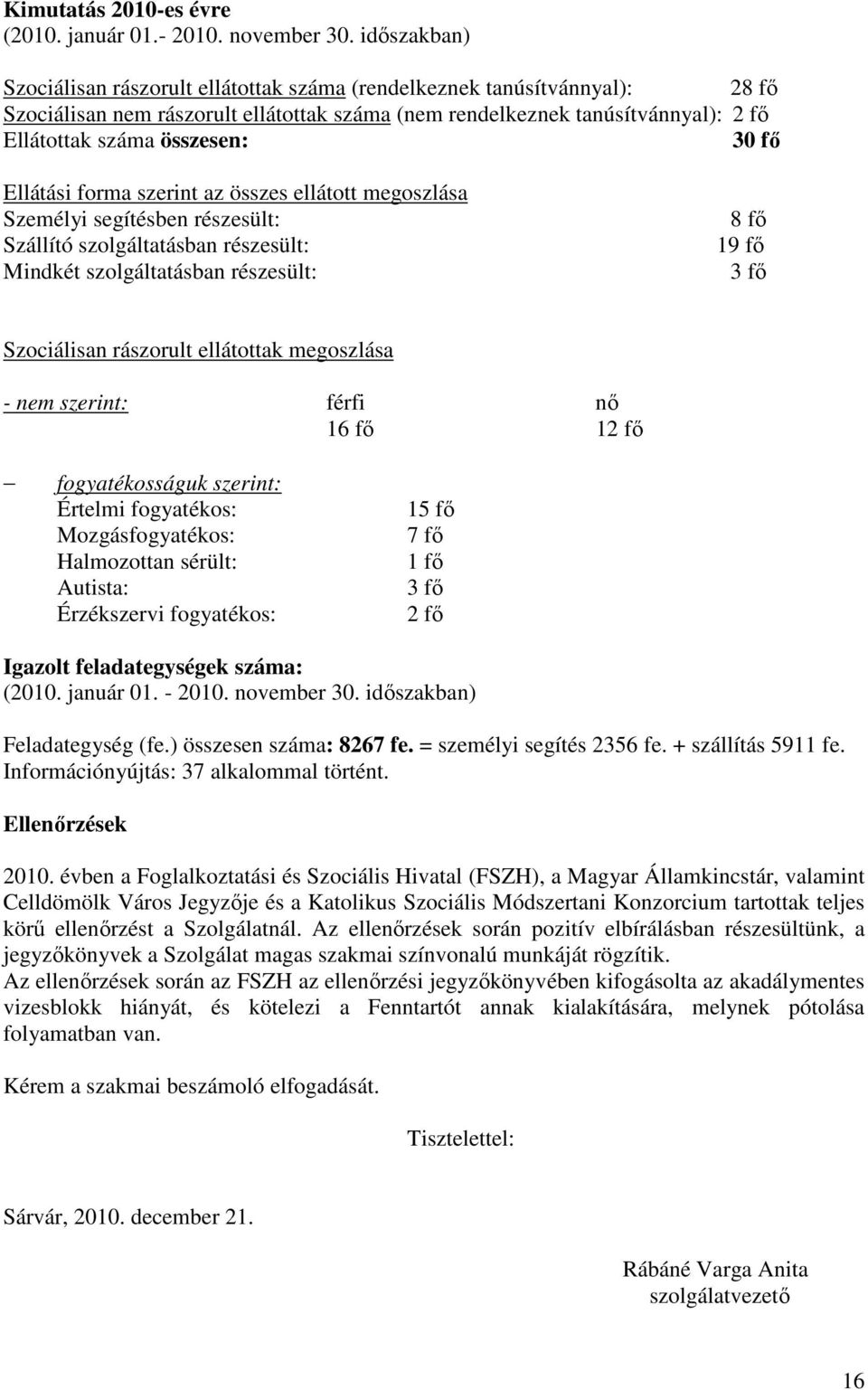 30 fő Ellátási forma szerint az összes ellátott megoszlása Személyi segítésben részesült: Szállító szolgáltatásban részesült: Mindkét szolgáltatásban részesült: 8 fő 19 fő 3 fő Szociálisan rászorult