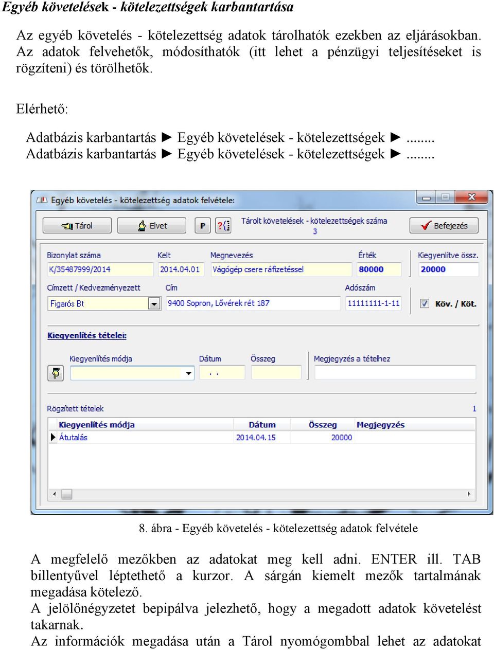 .. Adatbázis karbantartás Egyéb követelések - kötelezettségek... 8. ábra - Egyéb követelés - kötelezettség adatok felvétele A megfelelő mezőkben az adatokat meg kell adni.