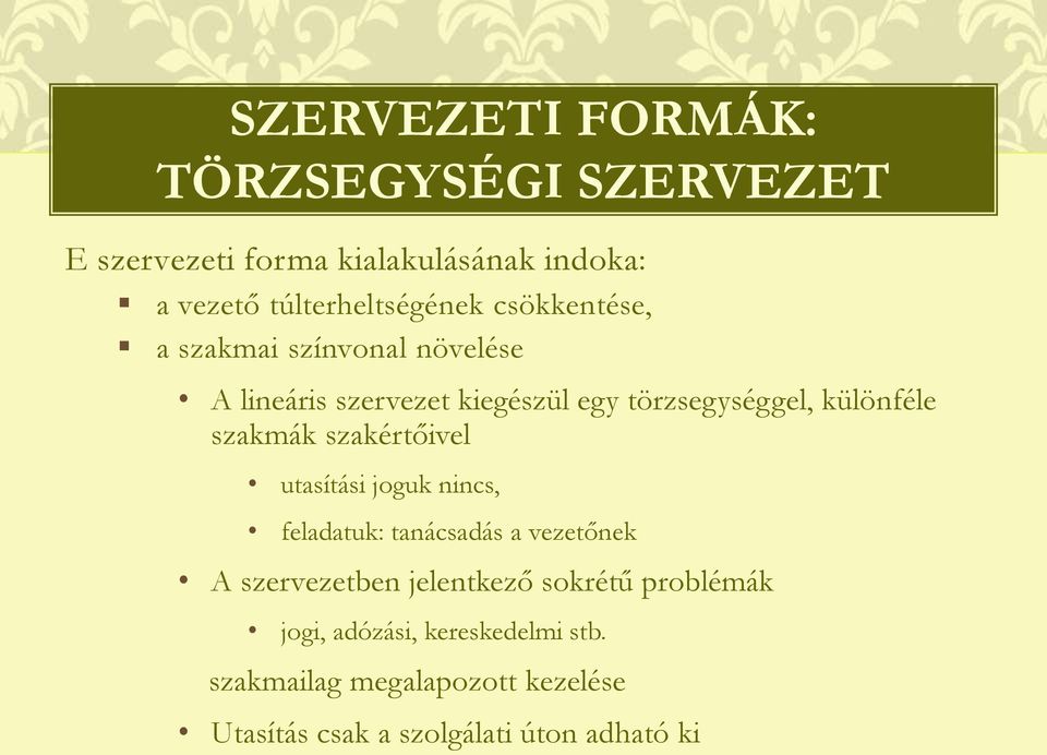 szakértőivel utasítási joguk nincs, feladatuk: tanácsadás a vezetőnek A szervezetben jelentkező sokrétű