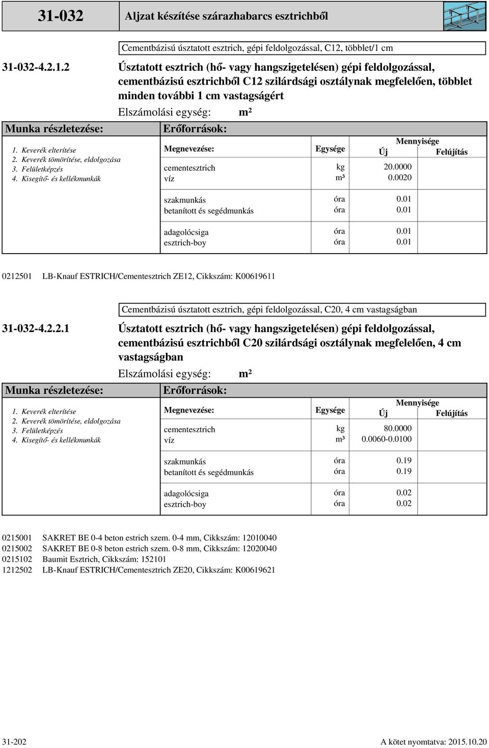 0020 adagolócsiga esztrich-boy LB-Knauf ESTRICH/Cementesztrich ZE12, Cikkszám: K00619611 Cementbázisú úsztatott esztrich, gépi feldolgozással, C20, 4 cm vastagságban 31-032-1 Úsztatott esztrich (hő-