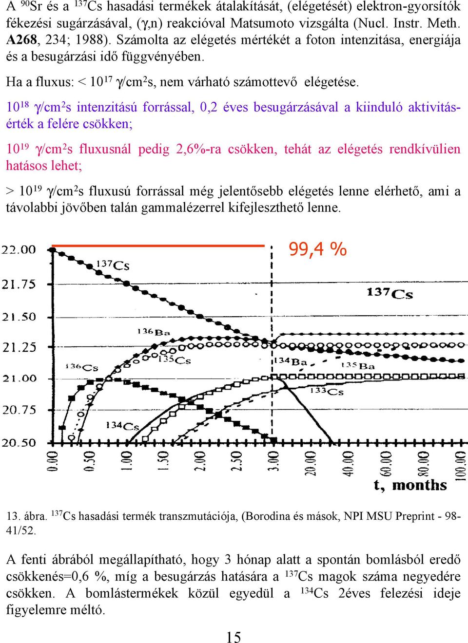 10 18 γ/cm 2 s intenzitású forrással, 0,2 éves besugárzásával a kiinduló aktivitásérték a felére csökken; 10 19 γ/cm 2 s fluxusnál pedig 2,6%-ra csökken, tehát az elégetés rendkívülien hatásos lehet;