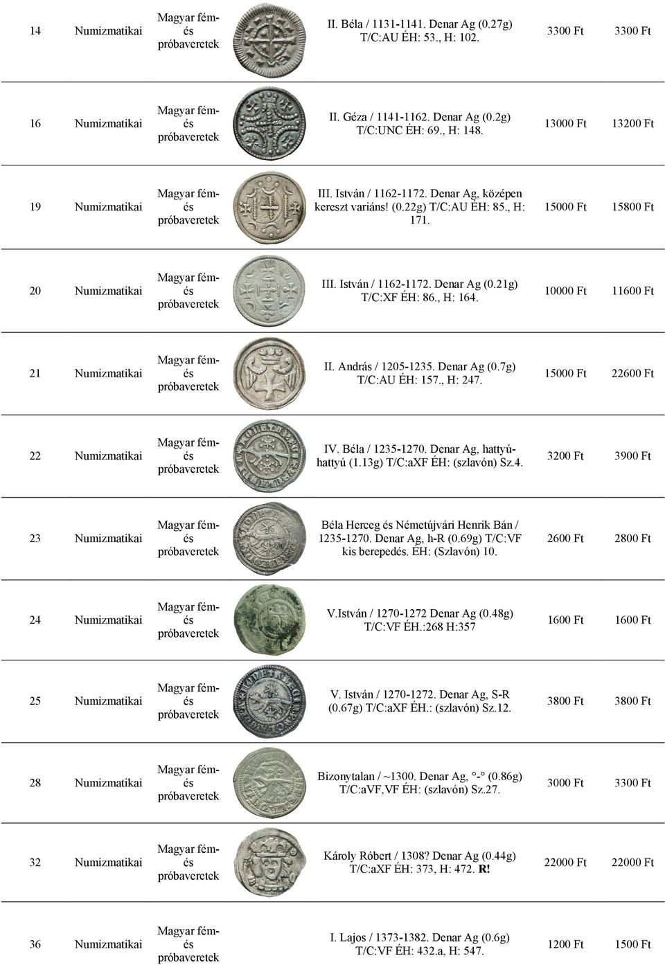 Denar Ag (0.7g) T/C:AU ÉH: 157., H: 247. 1 22600 Ft 22 IV. Béla / 1235 1270. Denar Ag, hattyú hattyú (1.13g) T/C:aXF ÉH: (szlavón) Sz.4. 3 3900 Ft 23 Béla Herceg Németújvári Henrik Bán / 1235 1270.