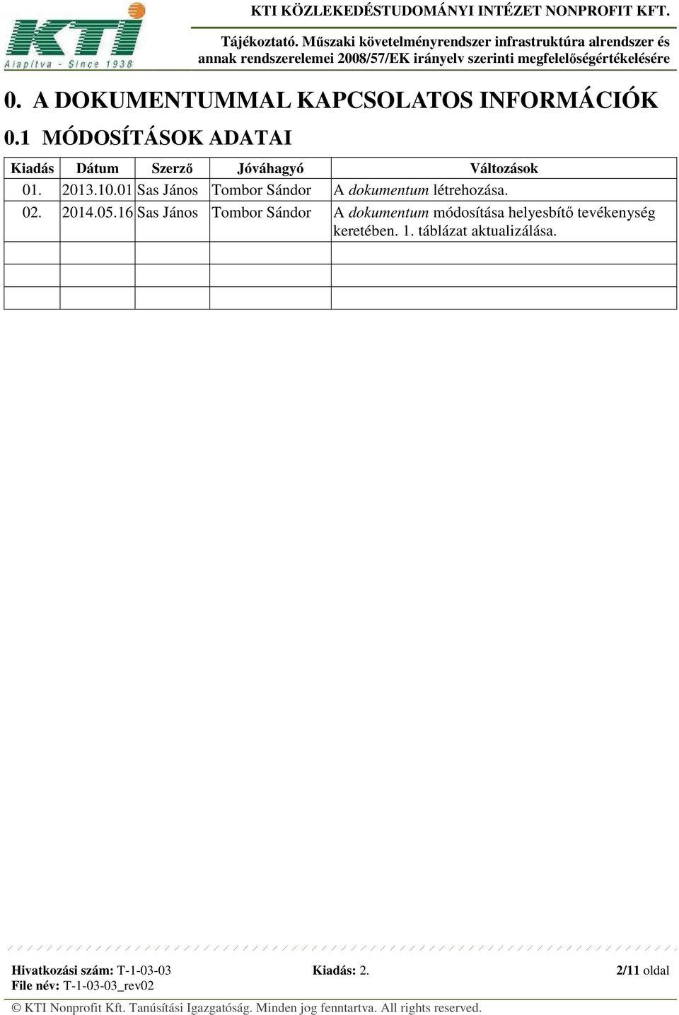 01 Sas János Tombor Sándor A dokumentum létrehozása. 02. 2014.05.
