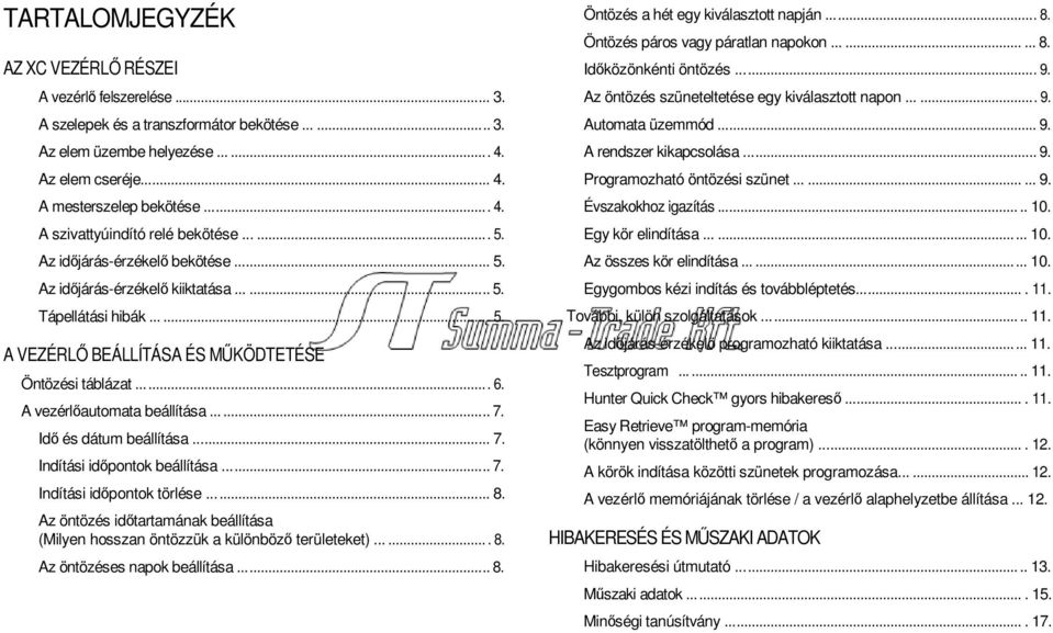 ...... 6. A vezérlőautomata beállítása........ 7. Idő és dátum beállítása...... 7. Indítási időpontok beállítása........ 7. Indítási időpontok törlése......... 8.